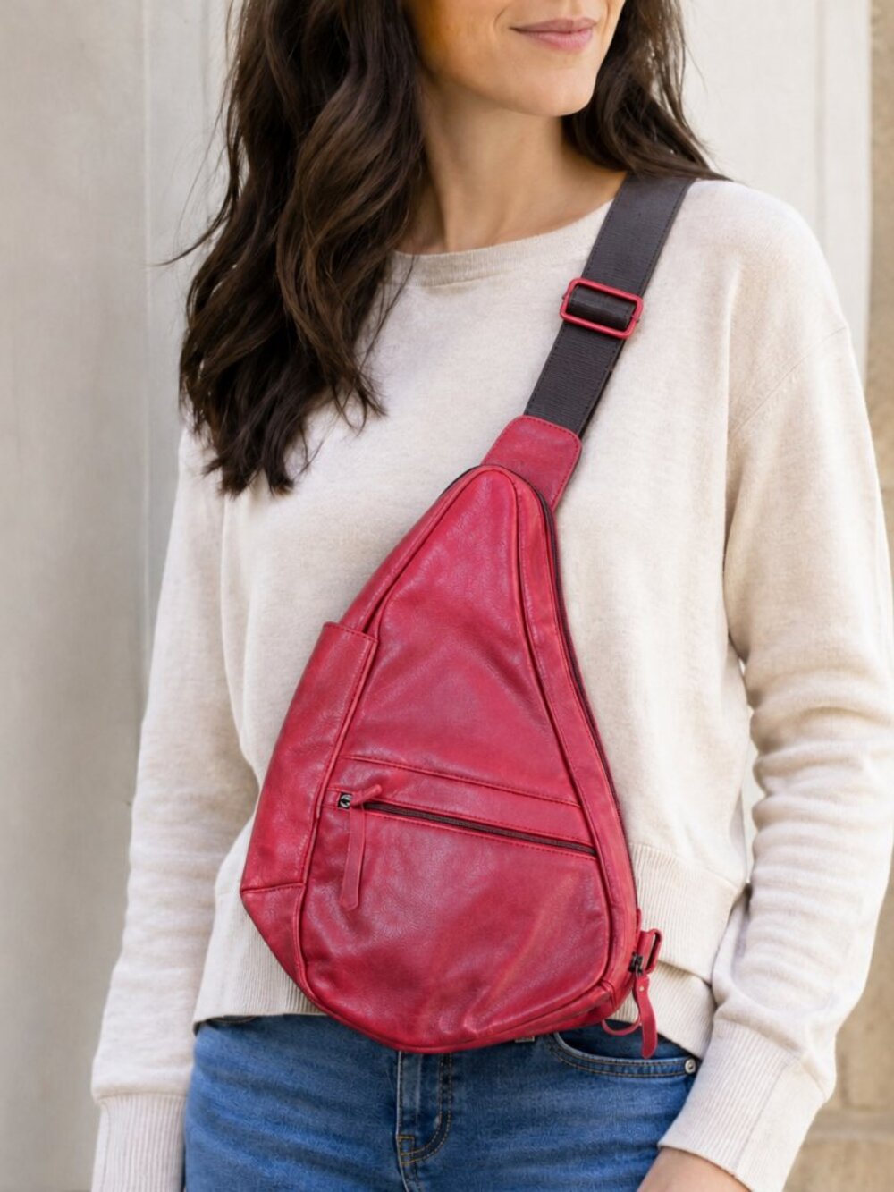 Vtg AmeriBag The Healthy Back Bag Red Leather Sling Backpack